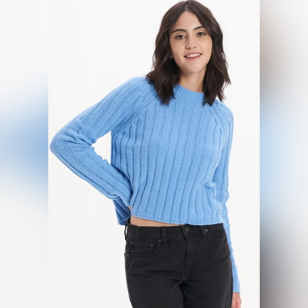 American Eagle XS blue chunky cable knit cropped long sleeve sweater soft